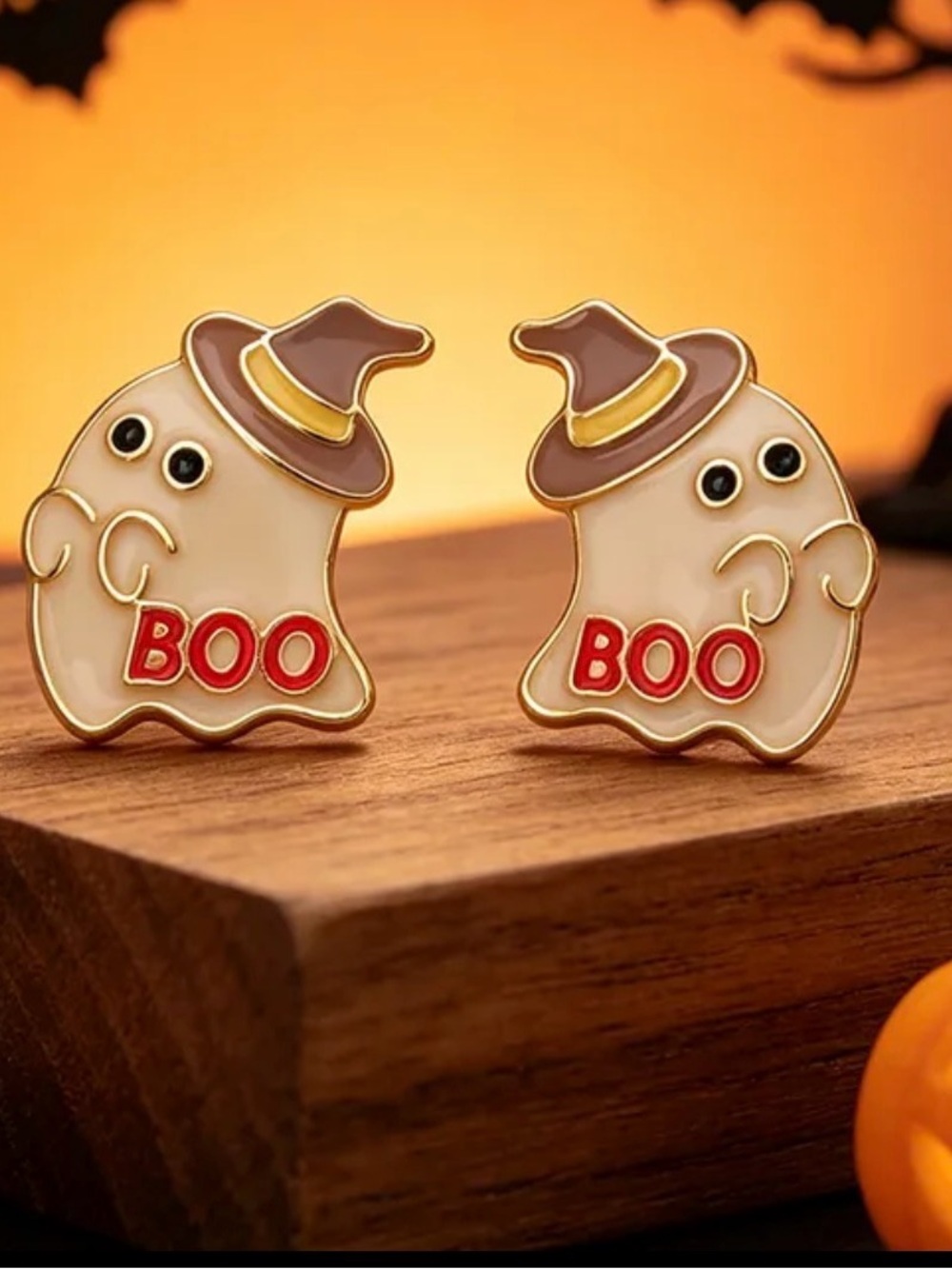 Halloween Ghost 'BOO' Enamel Earrings- Cream & Brown